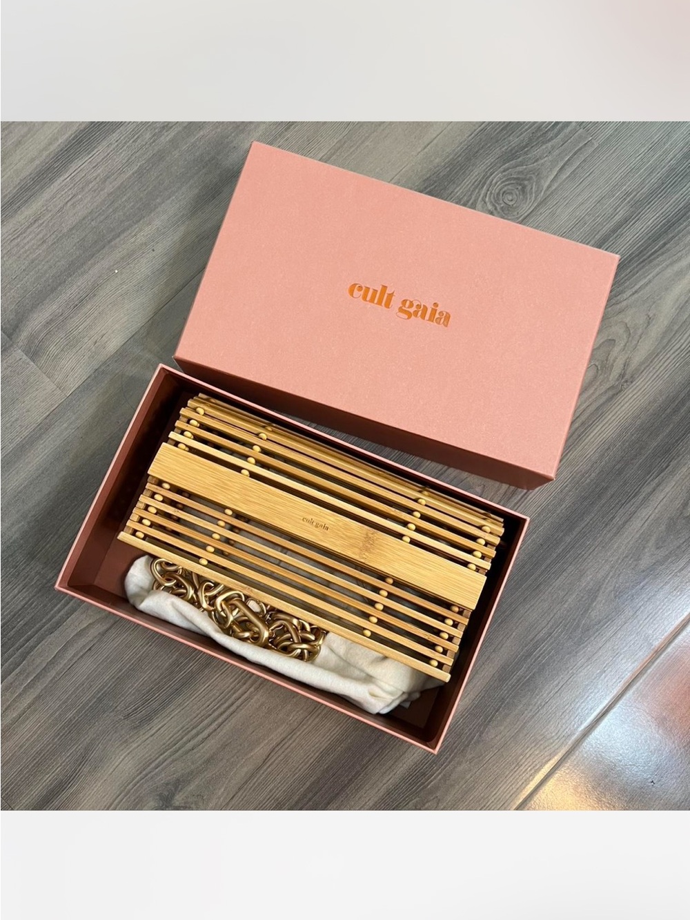 cult gaia bamboo birdcage clutch in natural & gold chain